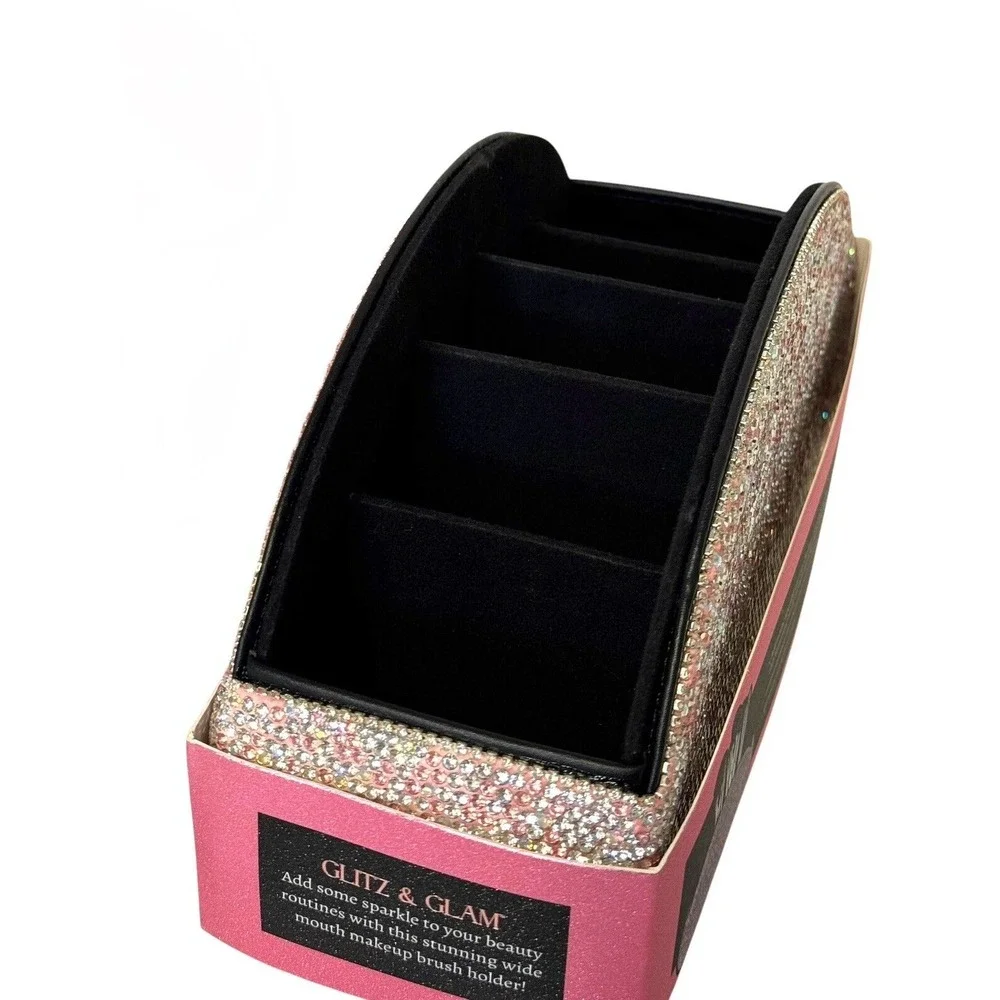 Glitz & Glam Pink Rhinestone Makeup Brush Holder Powder Spinge W/Case 2pc Bundle